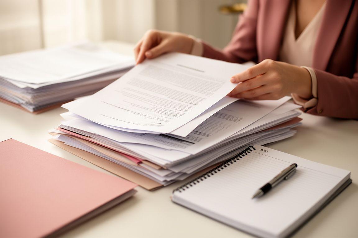 Abogada revisando expedientes de litigio civil en una mesa de trabajo luminosa con carpetas y notas ordenadas