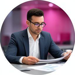 Abogado con gafas revisando documentos junto a una mesa de negociación