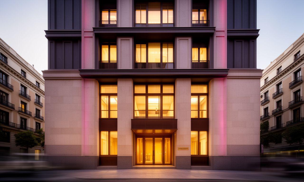 Fachada elegante de despacho jurídico en Madrid con cristal, luz cálida y entrada discreta